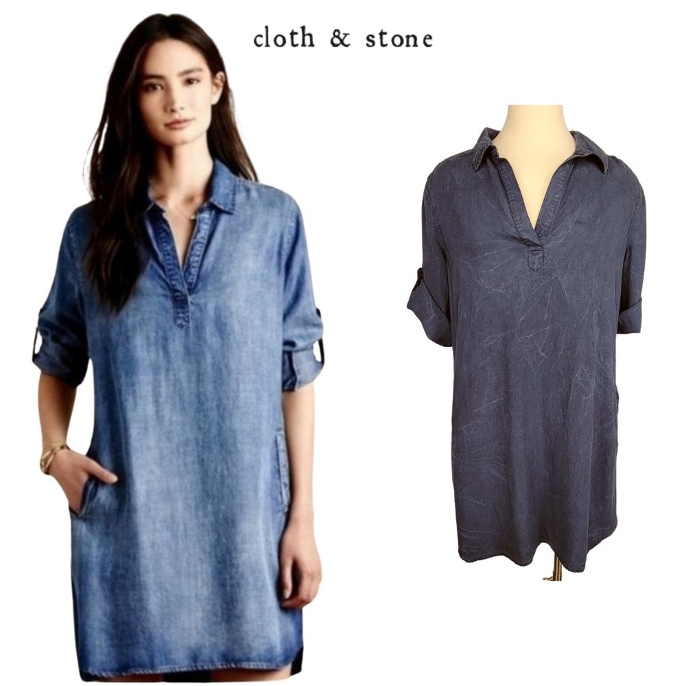 Anthropologie Cloth & Stone Blue Acata Chambray Tunic Dress with Pockets Sz M